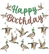 FOZEE Duck Hunting Birthday Banner, Mallard Duck Hanging Swirls, One Lucky Duck Birthday Decor, M...