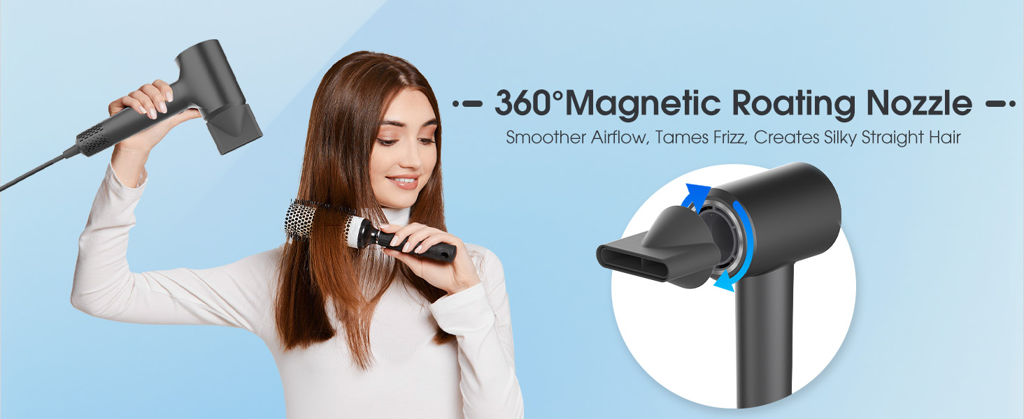 Plasma HairDryer 360°Magnetic Roating Nozzle Hair Dryer, Fast Drying Blow Dryer for Home or Travel