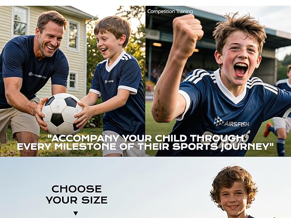 Text reads 'ACCOMPANY YOUR CHILD THROUGH EVERY MILESTONE OF THEIR SPORTS JOURNEY', 'CHOOSE YOUR SIZE'. Three photos showing children playing soccer and celebrating, demonstrating sports apparel usage across different activities and age groups.