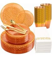 DaYammi 175PCS Clear Orange Plastic Dinnerware Set, Plastic Plates Disposable Hammered Disposable...