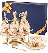 YOLIFE Tea Cups and Saucers Set of 6, Ivory Porcelain Tea Cups Set with Stand, Rose with Gold Lea...