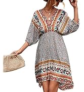 GOTOTOP Women Summer Dress Casual Backless Puff Sleeve Dresses 3/4 Sleeves A Line V Neck Boho Tun...