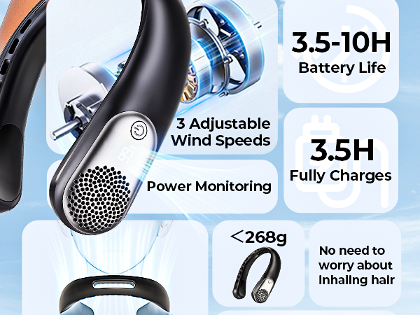 No Hair Twisting - 4000mAh USB Rechargeable Wearable Fan for Travel