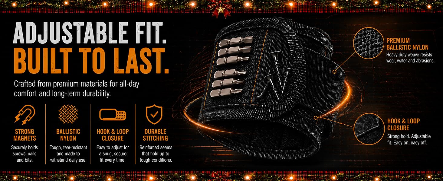 Adjustable ballistic nylon magnetic wristband with durable stitching and hook-and-loop closure.
