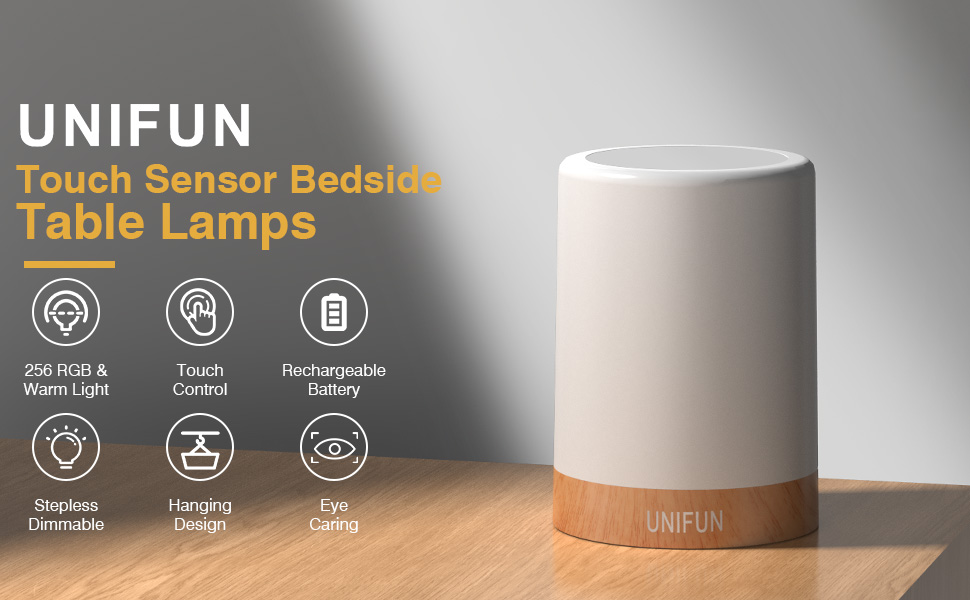UNIFUN Touch Sensor Bedside Table Lamp with white cylindrical body and wooden base. Features include soft light, touch control, and rechargeable battery.