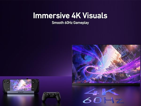 Text reads 'Immersive 4K Visuals'. Gaming-focused promotional image showing vibrant purple and blue lighting effects with gaming controller and display screens.