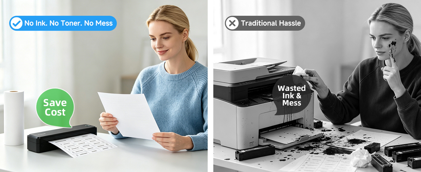 Arrvel A8 inkless thermal printer prints documents without ink, toner, or messy liquid refills