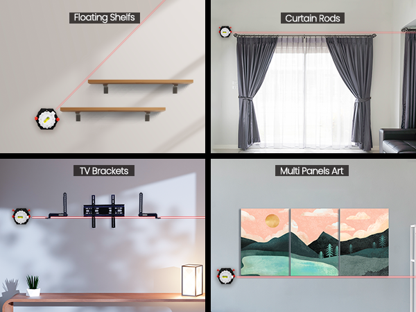 Zanis Linear Laser Level aligning shelves, TVs, curtain rods, and wall art precisely.