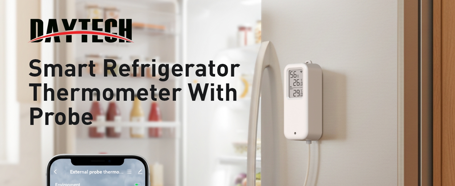 Text reads 'RAYTECH Smart Refrigerator Thermometer With Probe'. Digital display unit mounted on white refrigerator door.