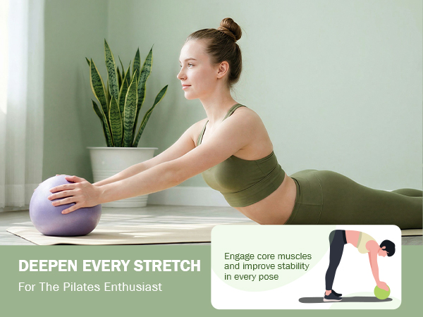 Text reads: 'DEEPEN EVERY STRETCH For The Pilates Enthusiast' with instructional stretching diagrams on right side. Woman in olive-green sports bra and shorts performing forward fold stretch on exercise mat with potted plant in background.