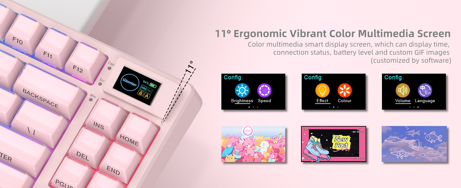 Pink Wireless Mechanical Keyboard 75% with Color Multimedia Screen Gaming Keyboard