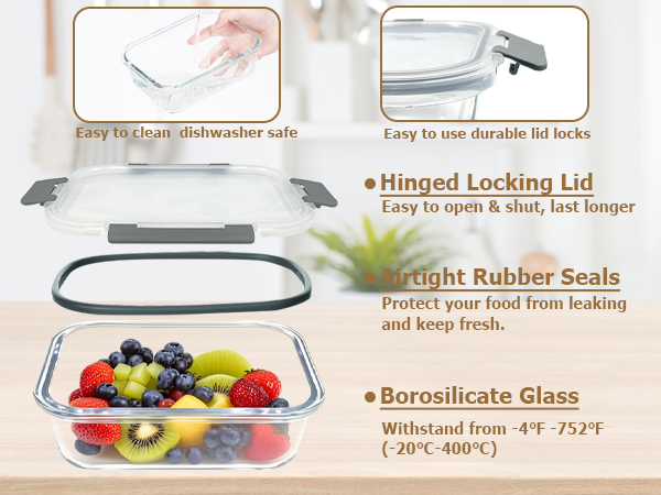 Glass food storage container with lids