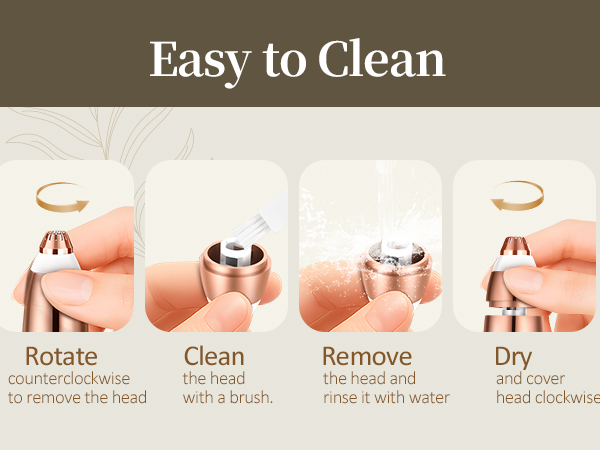 Text reads 'Easy to Clean'. Tutorial sequence showing hands demonstrating cleaning steps for a product - rotating, cleaning with tissue, and removing components.