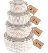KooK Serving Bowls, with Lids, Ceramic Nesting Bowls, Set of 4, Embossed, Kitchen, Prep, Stackabl...
