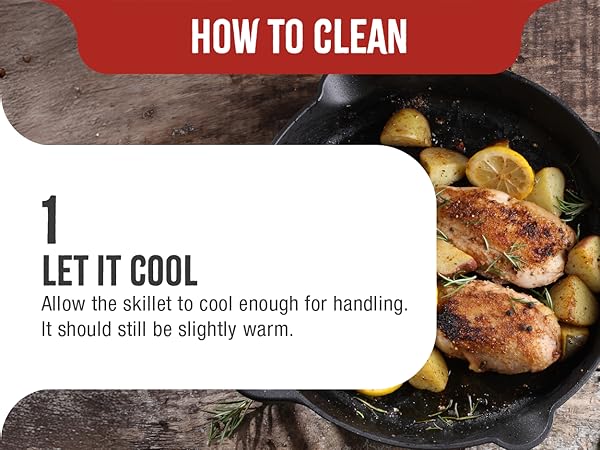 A cast-iron pan grilling chicken and potatoes. Text reads: How to clean. Let it cool.