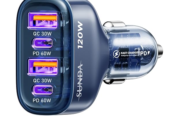 120W USB C Fast Car Charger, 4-Ports Car Charger Adapter