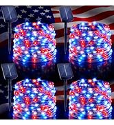 4 Pack Red White and Blue Solar Fairy Lights Outdoor, 131ft 400LED Solar String Lights Waterproof...