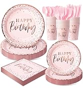 Fighting to Achieve Pink and Rose Gold Happy Birthday Party Plates Set, 168PCS Dots Paper Plates ...