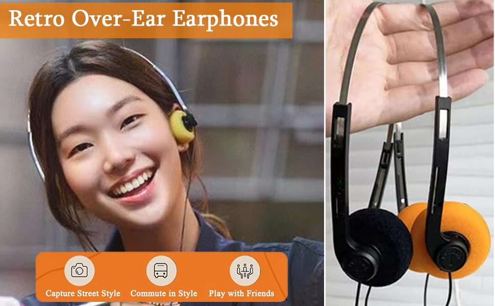 Retro Over-Ear Earphones Headphones with Cord 80s 90s Vintage Headset Wired