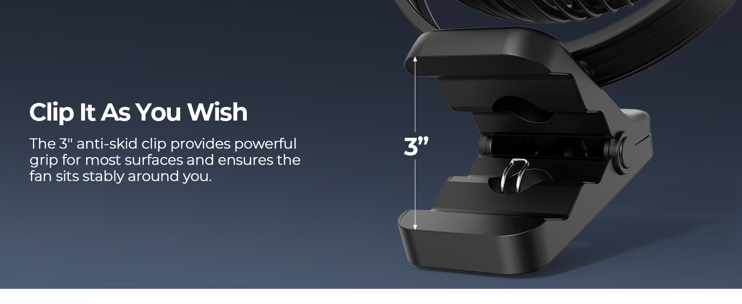 Close-up of a black clip-on device, labeled as '3" anti-skid clip' for secure grip on surfaces.