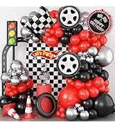 Race Car Balloon Arch Garland Kit, 103 Pcs Red Black Silver Balloons with Foil Checkered Flags an...