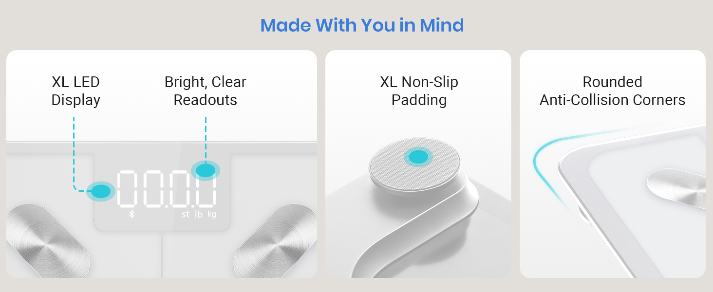 XL LED display, bright clear readouts, XL non-slip padding and rounded anti-collision corners