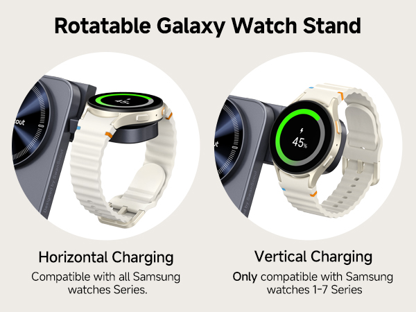 Rotatable Galaxy Watch stand showing horizontal and vertical charging positions. Compatible with Samsung watches, displaying circular smartwatches with white bands and glowing green charging indicators.