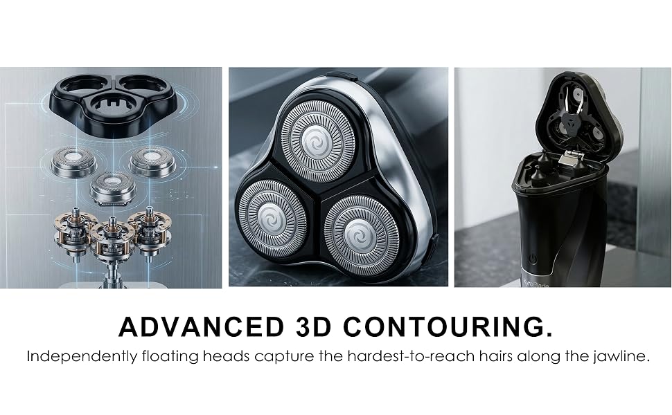 Mens rotary razor with advanced 3D contouring floating heads for a smooth close shave