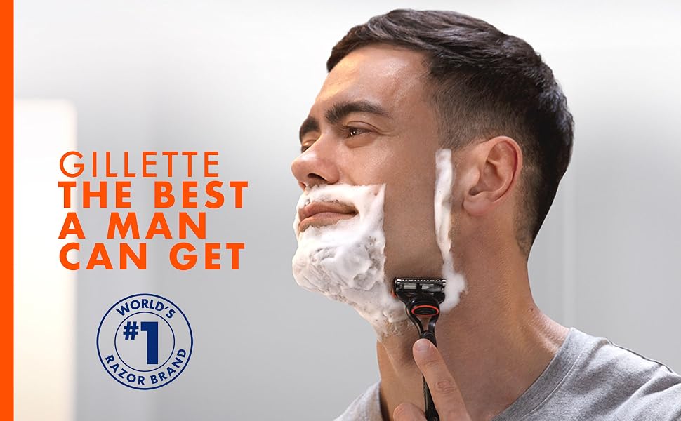 A man shaving his face with a Gillette Fusion5, features. Gillette the best a man can get slogan.