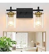 Spiglamm 2-Lights Black and Gold Bathroom Light Over Mirror with Square Glass Shade and Metal Bas...