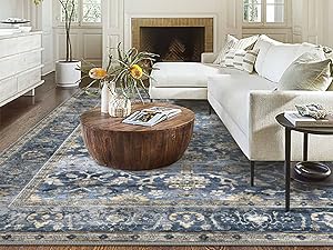 Floral Distressed Print Blue Beige Area Runner Rug
