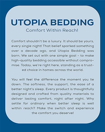 Text reads "UTOPIA BEDDING Comfort Within Reach!" followed by product description. Light blue bedding product information panel with company branding and marketing text.