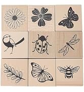 UCEC 9 Pack Vintage Wood Rubber Stamps for Crafting, Flower Butterfly Plant Bird Ladybird Dragonf...