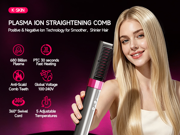 KSKIN Plasma Hair Straightener Brush, Ceramic Heated Straightening Comb