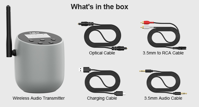 Wireless audio transmitter set including gray cylindrical device with antenna, optical cable, 3.5mm to RCA cable, charging cable, and 3.5mm audio cable. Components labeled for easy identification.