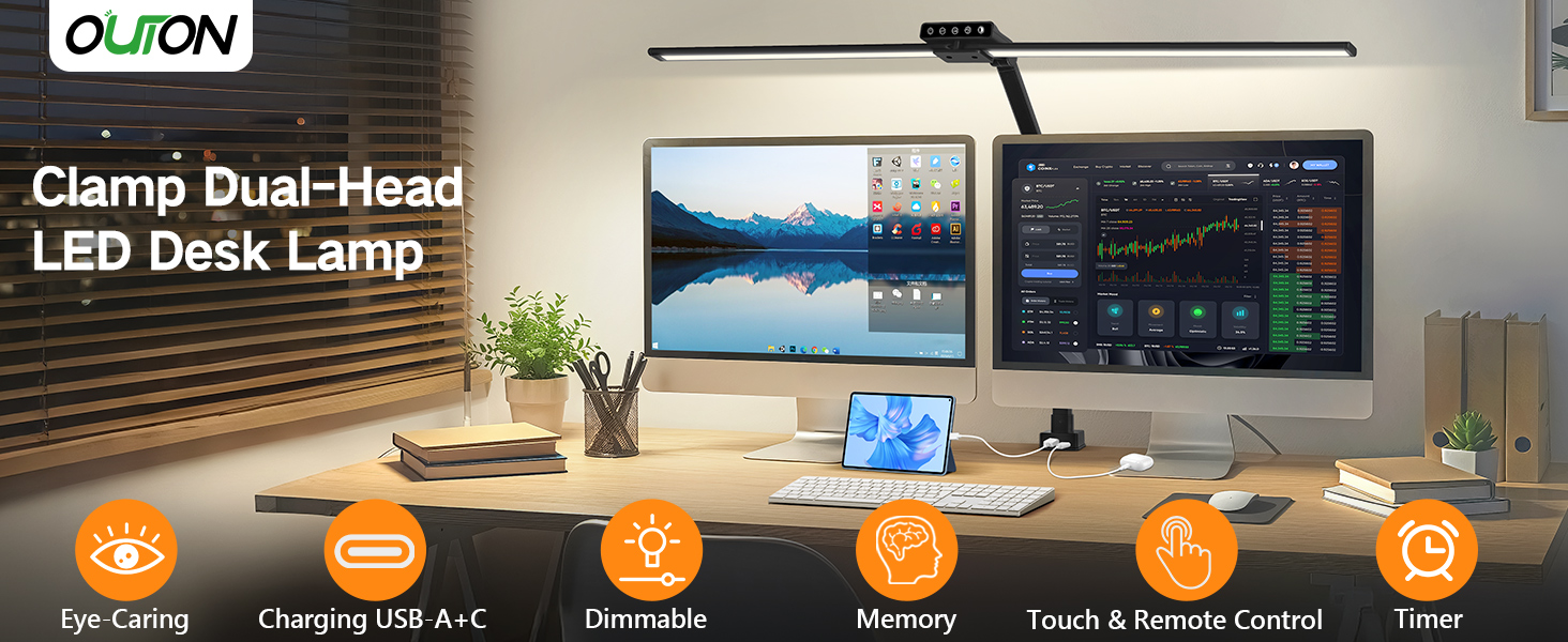 Text reads 'OLICN Clamp Dual-Head LED Desk Lamp'. LED desk lamp product image with feature icons showing touch control, memory function, and other capabilities.