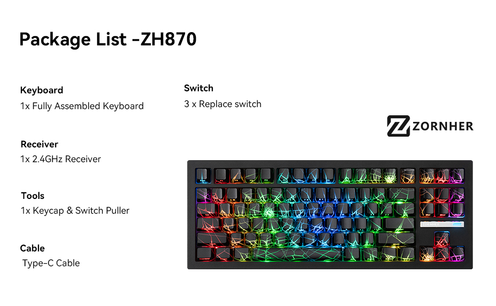 smile0u0p ZORNHER ZH870 Wireless Mechanical Gaming Keyboard,80% Black Custom
