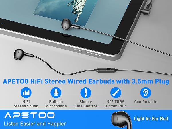 wired earbuds with 90 degree 3.5mm plug