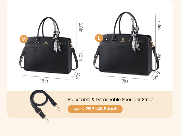 Product dimensions for M and L sizes with adjustable 25.7-48.5 inch detachable shoulder strap.