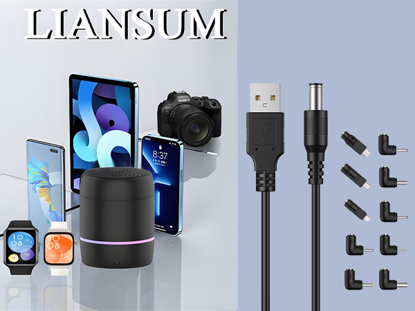 Electronic devices including tablets, smartphones, smartwatch, camera, and speaker, alongside a USB cable with multiple connector tips for versatile device compatibility.