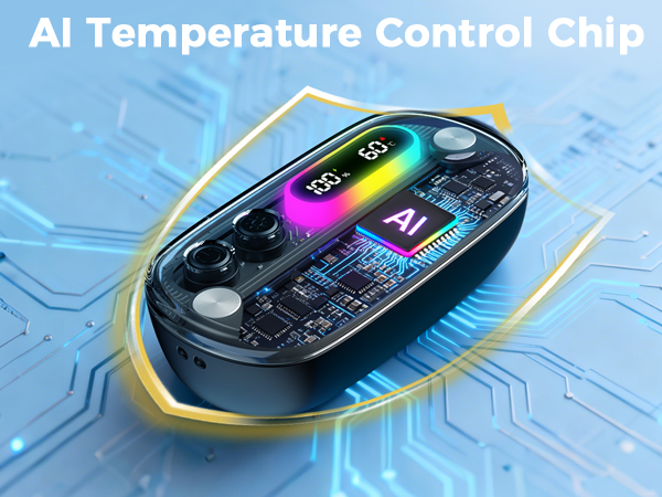 Text reads 'AI Temperature Control Chip' with images showing a device with digital display featuring temperature readings and colorful LED lighting effects.