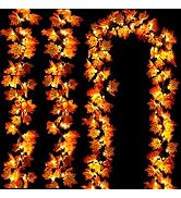 [ Timer &amp; 3 Pack ]30Ft Fall Garland Fall Decorations for Home 60 LED Leafed Lights Patented Reali...