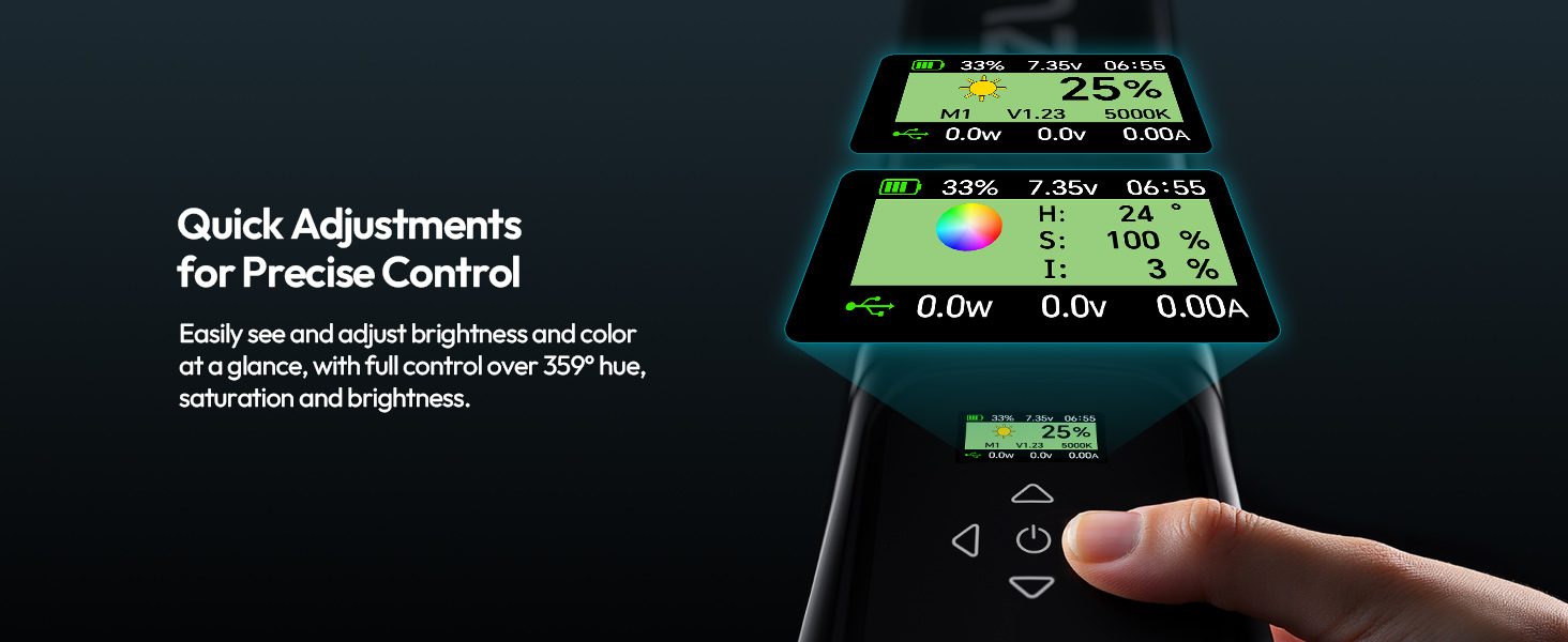 LCD Screen for easy to adjust CCT, brightness, hue and saturation
