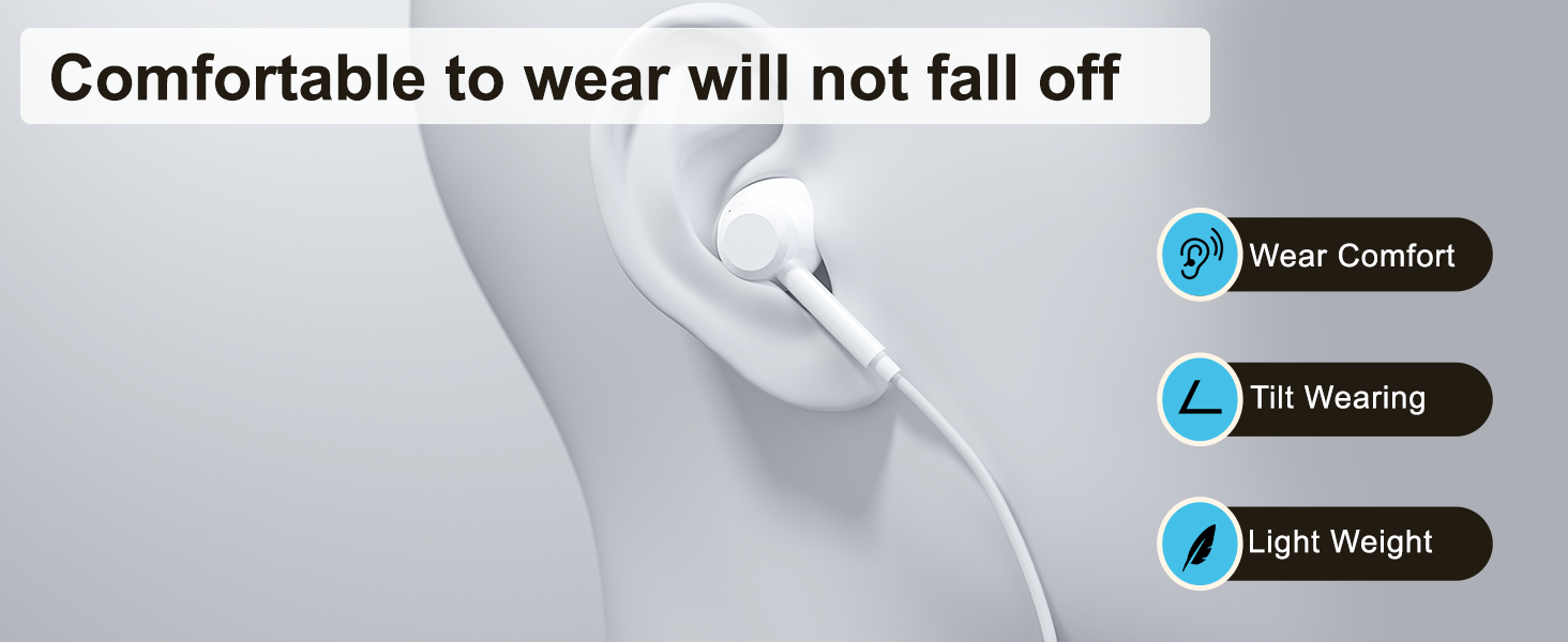 Text reads 'Comfortable to wear will not fall off' with three feature icons labeled 'Ear Comfort', 'Fit Wearing', and 'Light Weight'. White wireless earbuds shown in ear with descriptive callouts.