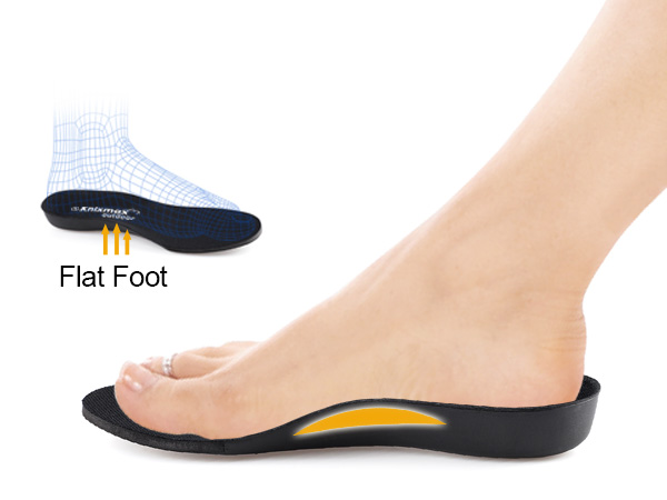 Orthopedic insole labeled 'Flat Foot' showing arch support design with black base and anatomical foot cushioning.