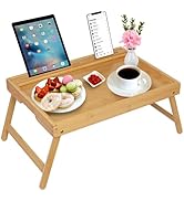 Bed Tray Table with Handles Folding Legs,Bamboo Breakfast Food Tray with Media Slot,Use As Platte...