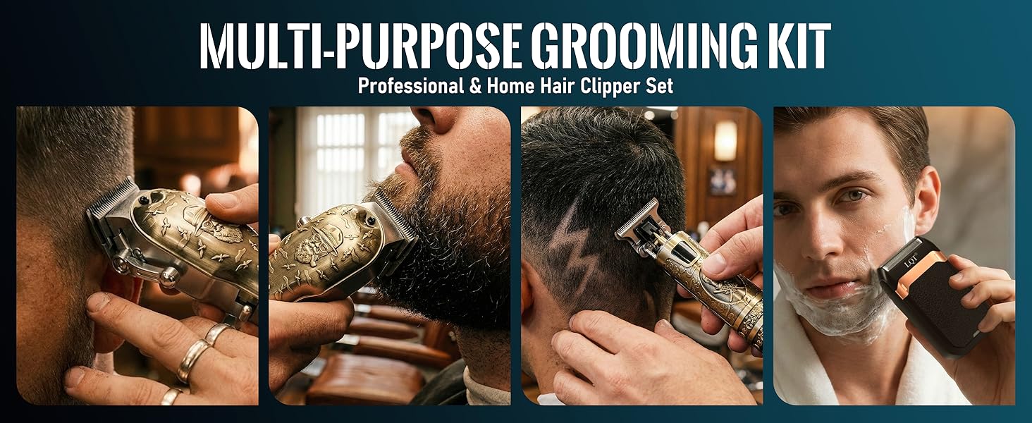 Text reads 'MULTI-PURPOSE GROOMING KIT Professional &amp; Home Hair Clipper Set'. Series of product demonstration images showing various grooming and trimming functions.