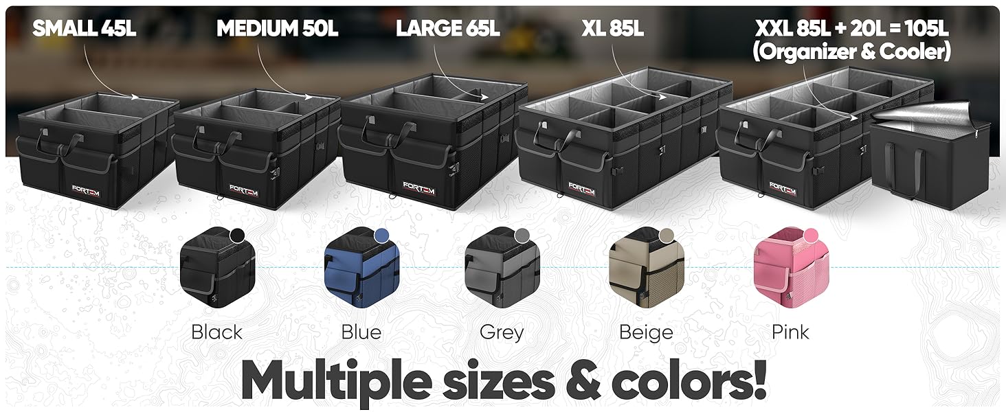 Sizes and colors for trunk organizer. 5 different colors, 5 sizes. wide range compartments