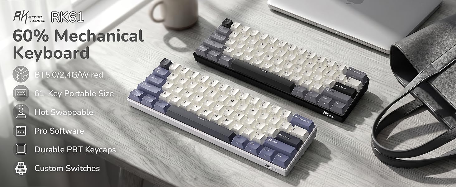Text reads 'PRO Mechanical Keyboard', 'FEATURES', 'Gasket Mount', 'Hot Swappable', 'Programmable'. Two compact mechanical keyboards with visible cables displayed on desk setup.