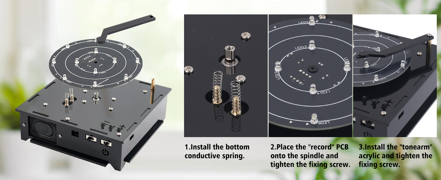DJ equipment setup showing turntables and mixer with control panels. Text reads '1 Isolated low-friction spring', '2 Play disc 'vinyl' that stores the needle and rotates smoothly', '3 Adjust the 'needle' angle to enjoy record'.
